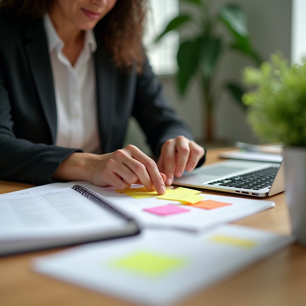 Persona organizando notas y prioridades de trabajo sobre un escritorio