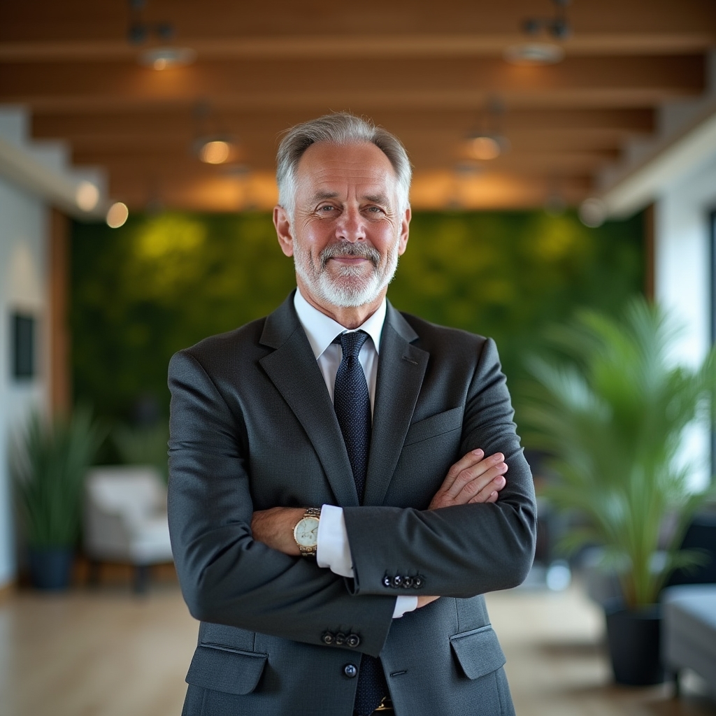 Profesional con actitud tranquila y segura en un espacio de trabajo luminoso